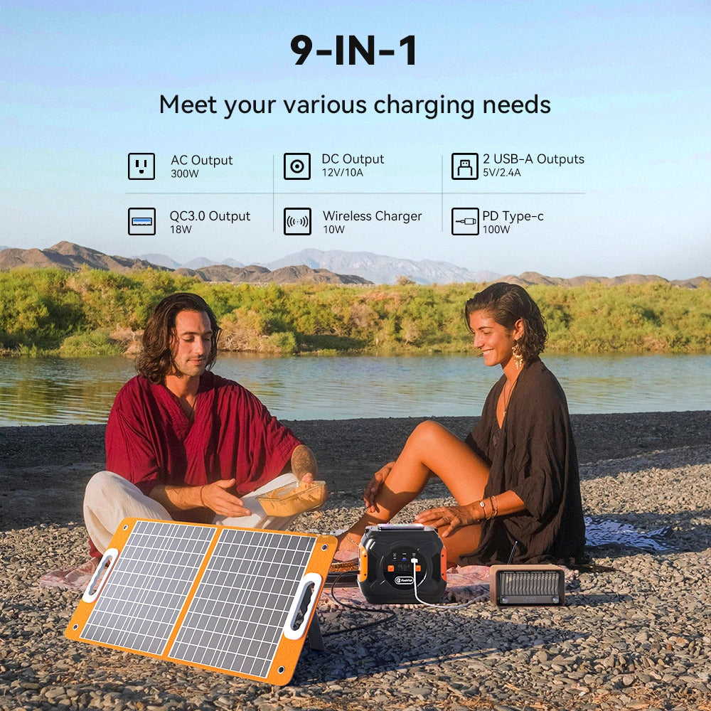 320W Portable Power Station;  Flashfish 292Wh 80000mAh Solar Generator Backup Power With LASHFISH 18V/60W Foldable Solar Panel